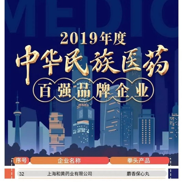 上海和黃藥業獲評“2019年度中華民族醫藥百強品牌企業”
