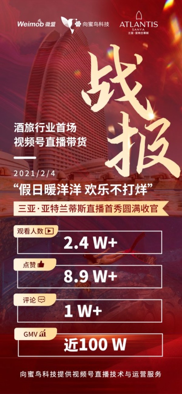 視頻號直連向蜜鳥微信小程序，酒旅首場直播秀完美收官