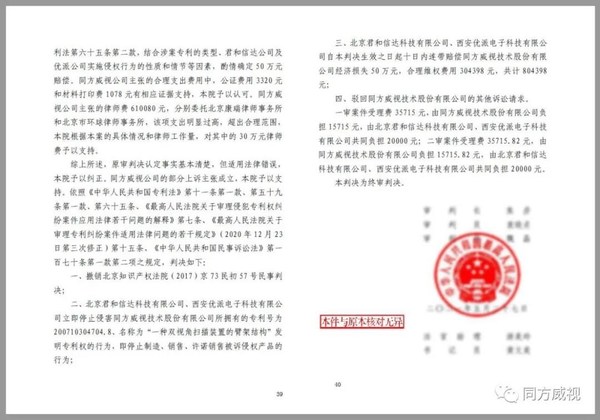 同方威視訴君和信達專利侵權案終審勝訴