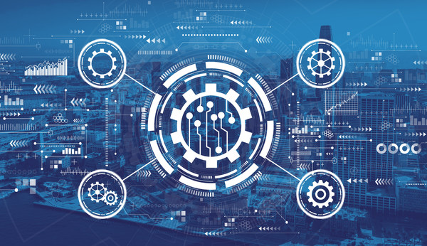 Automation concept with downtown San Francisco skyline buildings