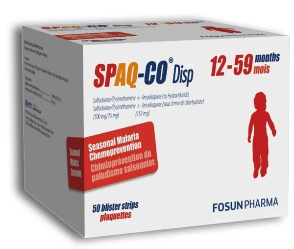 復星醫藥研發生產的兒童瘧疾預防用藥SPAQ-CO (R) Disp （磺胺多辛乙胺嘧啶分散片/阿莫地喹分散片組合包裝）