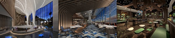從左至右：常州星河萬麗酒店大堂效果圖、燃餐廳效果圖、萬麗軒中餐廳效果圖