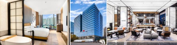 從左至右：太原喜來登酒店客房、酒店外觀、&More by Sheraton大堂吧