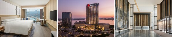 從左至右：青島膠州萬豪酒店豪華客房、外觀圖以及大堂