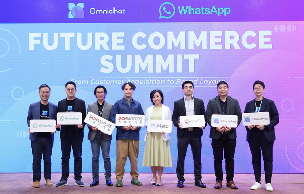 （左起） Omnichat客戶成功區域總裁Avery Tang；Omnichat營運總監Pak Hui；大昌行汽車資訊科技主管YP Chiu；大昌行汽車市場推廣主管Geoffrey Ng；Meta商務訊息合作伙伴經理Layla Xu；維特健靈集團前資訊科技總監Terrence Siu；Omnichat創始人及首席執行官Alan Chan；Omnichat大中華區銷售高級副總裁Amy Tsui主持活動的開幕儀式。