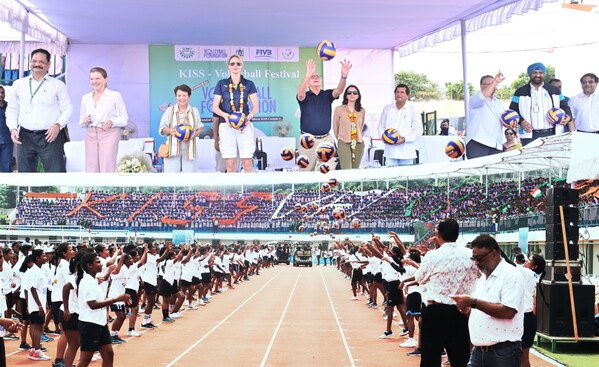 President of International Volleyball Federation (FIVB) Dr. Ary S Gra?a and US Consul General in Hyderabad Jennifer Larson along with the Founder of KIIT and KISS Dr Achyuta Samanta inaugurating the KISS Volleyball Festival in Bhubaneswar, Odisha on October 4.