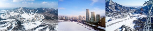 從左至右：長白山萬達國際度假區滑雪場；哈爾濱富力麗思卡爾頓酒店江景；北京懷柔雅樂軒酒店滑雪體驗