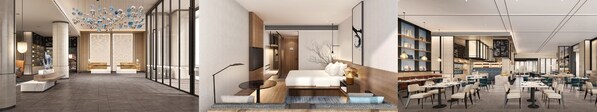 從左到右（效果圖）：海口美蘭萬楓酒店大堂、客房、萬楓餐廳