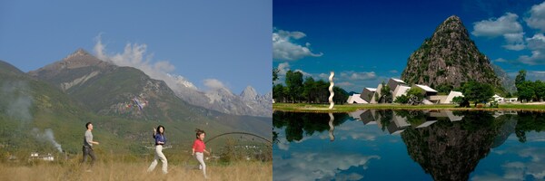 麗江度假村-賓客一家在雪山腳下欣賞春景；桂林度假村-具有濃厚現代藝術氛圍的雕塑作品
