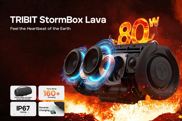 TRIBIT StormBox Lava便攜式藍牙音箱，80W大音量無線音箱，24小時續航，IP67防水等級，藍牙5.4，自定義均衡器，XBass，內置麥克風，TWS配對，適用于露營/海灘/派對/戶外等場景