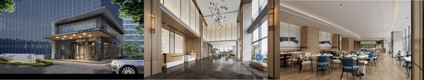 從左至右（效果圖）：杭州之江新城萬楓酒店外觀、大堂、餐廳