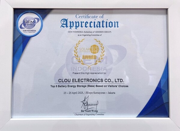 CLOU was honored as TOP 5 Battery &amp; Energy Storage Innovation Company by Visitors&#8217; Choice, awarded by GEM Indonesia (PRNewsfoto/CLOU Electronics Co., Ltd.)