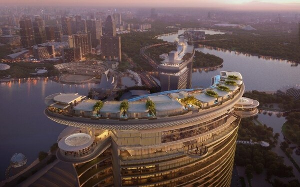 效果圖：從空中俯瞰革命性設計的 Skyloop，突顯其雙翼結構的獨特造型。圖片由 薩夫迪建築事務所 (Safdie Architects)提供。