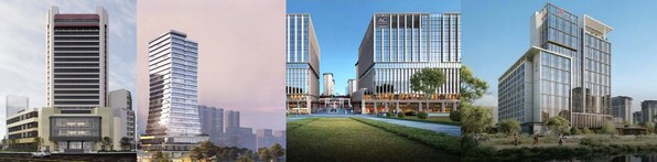 從左到右（效果圖）：武漢漢口AC歐軒酒店、杭州濱江AC歐軒酒店、烏魯木齊北京路AC歐軒酒店、新疆華美勝地阿克蘇萬豪酒店與新疆華美勝地阿克蘇AC歐軒酒店