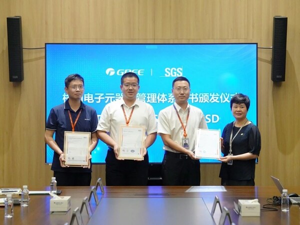 SGS為格力電器旗下珠海格力電子元器件有限公司頒發ISO 9001質量管理體系、IATF 16949汽車質量管理體系及ANSI/ESD S20.20-2021靜電防護管理體系認證證書