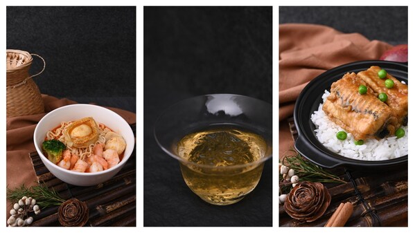 從左至右依次為沙茶鮑蝦泡面、鐵觀音冷萃茶石花凍、永春老醋河鰻炊飯