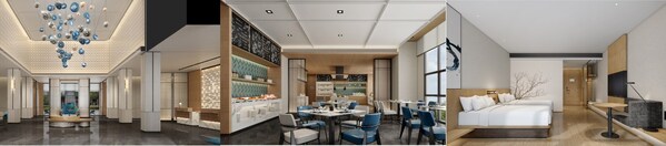 從左至右（效果圖）：忻州忻府萬豪萬楓酒店大堂、餐廳、客房