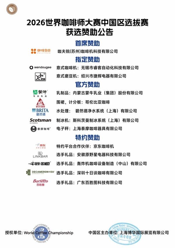 2026世界咖啡系列賽事中國區選拔賽&咖啡節贊助商招募結果出爐