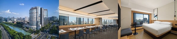 從左至右：成都天府廣場萬豪萬楓酒店外觀、萬楓餐廳、客房