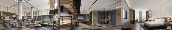 從左到右（效果圖）：昆山福朋喜來登酒店大堂、玩啤食社（The Mesh）、客房