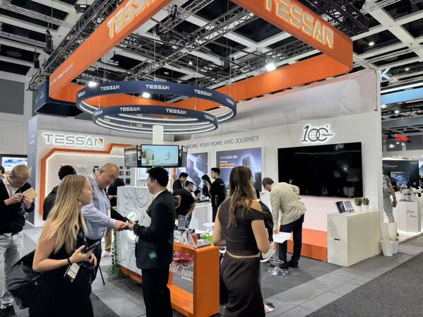 A bustling scene at the TESSAN booth (Hall 2.2, Booth 186) during IFA 2025.