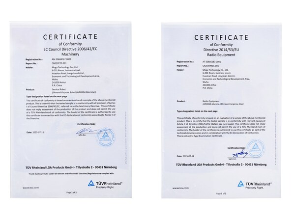 CE-MD Certificate  (EU Machinery Directive) & CE-RED Certificate (EU Radio Equipment Directive) (PRNewsfoto/AiMOGA Robotics)